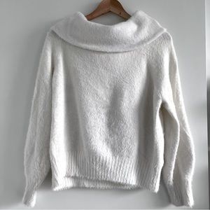 Warm cozy open shoulders wide neck white sweater